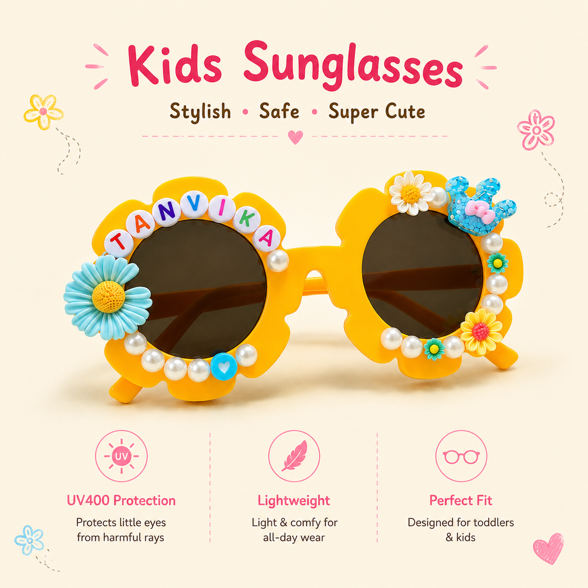 Personalised Sunglasses for Girls - Crown Themed - Yellow