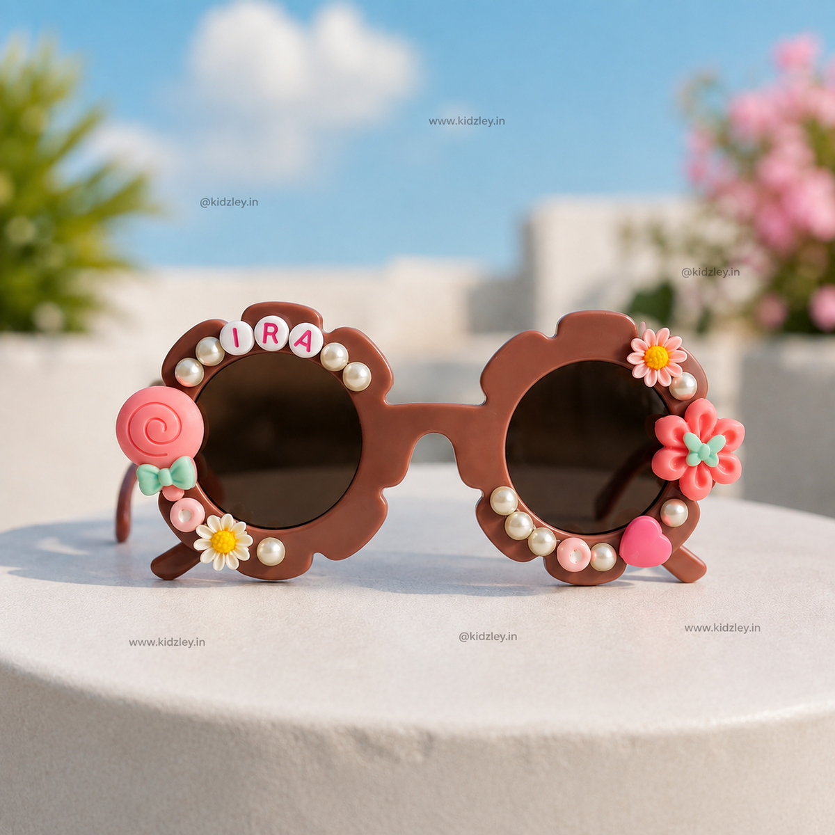Personalised Name Sunglasses for Girls - Candy Themed - Coffee Brown